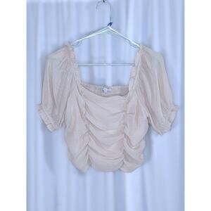 Love Tree Womens Large Peasant Blouse Ruched Smocked Puff Sleeve Boho Cottage